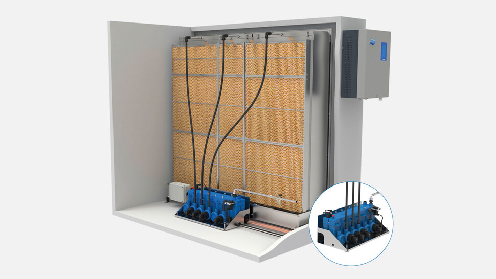 Evaporative humidifier with innovative hydraulic unit