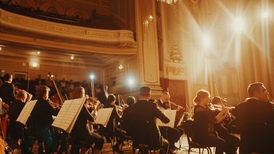 concert hall with orchestra playing